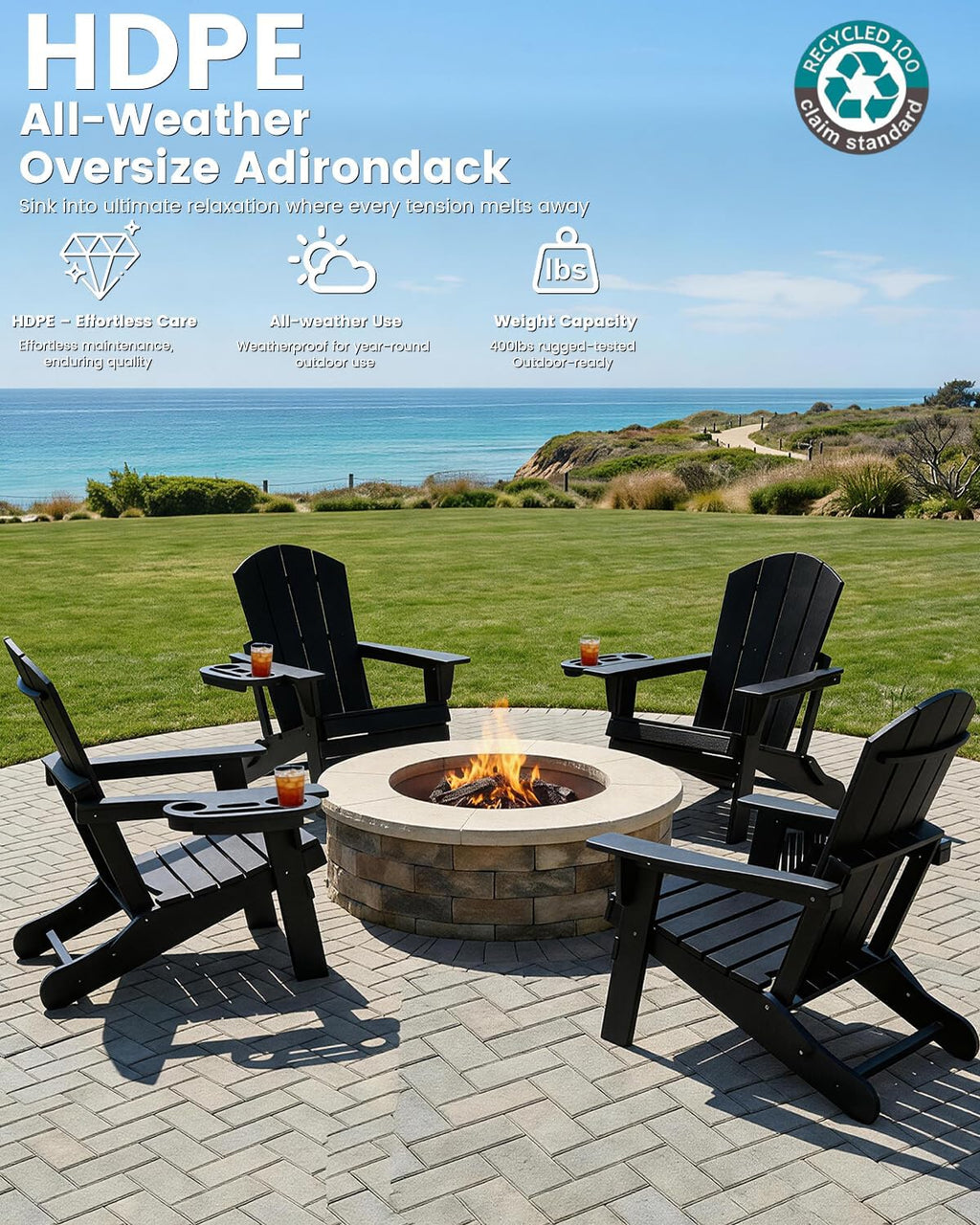 FOOWIN Folding Adirondack Chair, HDPE Adirondack Chairs with Cup Holder, Weather Resistant Plastic Fire Pit Chairs for Outdoor, Patio, Lawn, Garden, Backyard, Deck, Black