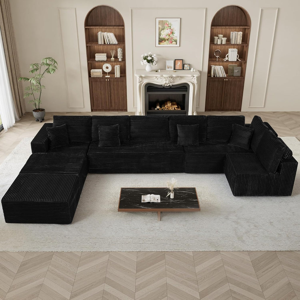 177' Oversized U Shaped Sectional Couch for Living Room, Extra Large Boneless Cloud Couches with Deep Seat Chaise Ottoman, Plush Corduroy 8 Seater Modular Sectional Sofa Set, Black