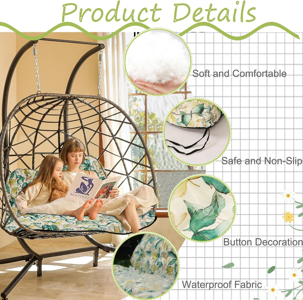 Waterproof Porch Swing Cushion Replacement, 2–3 Seat Swing Seat Cushion with Backrest & Ties, Thick Outdoor Bench Cushion for Patio Garden Porch (Clover, 40 x 63in)