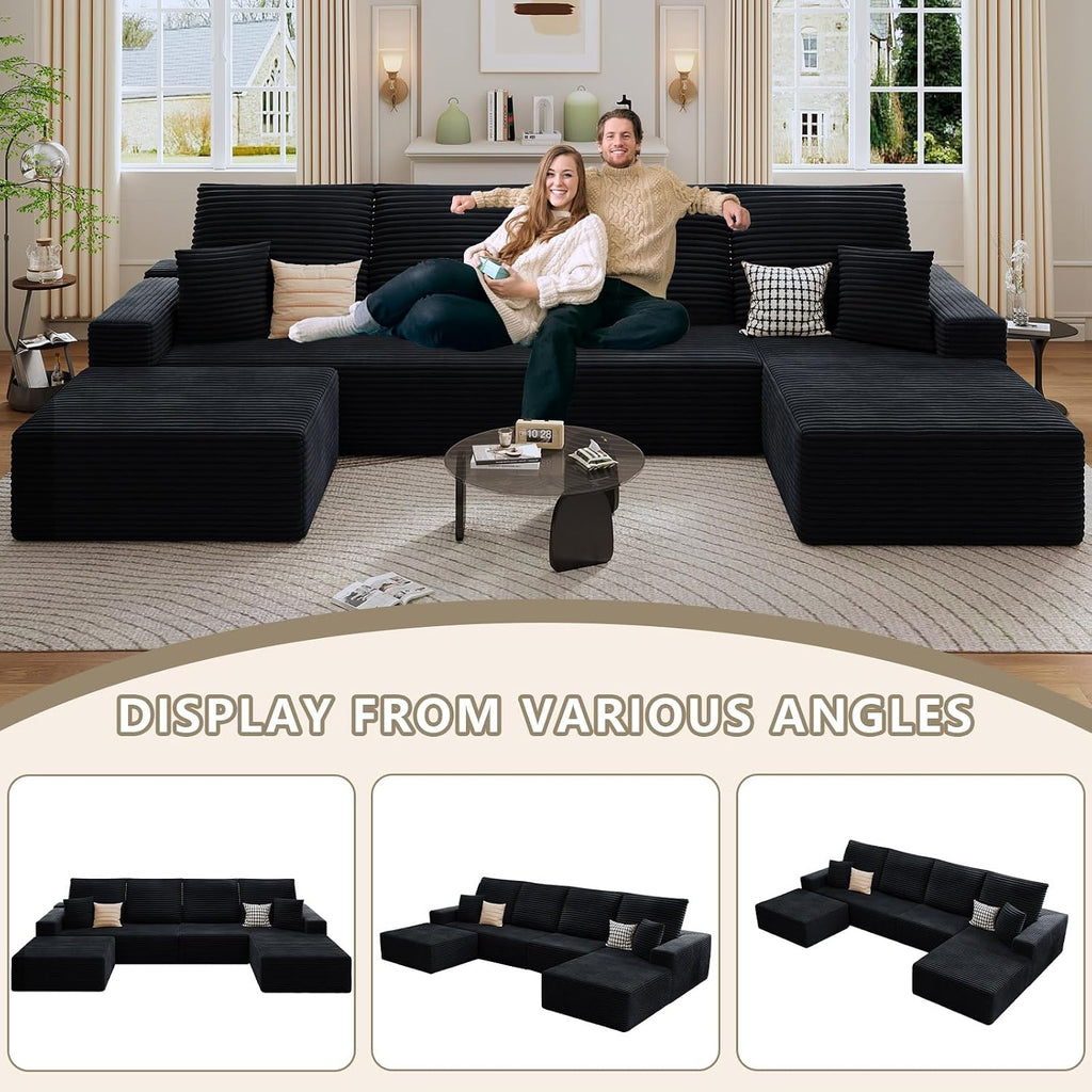 135' Cloud Sectional Couch with U-Shaped Chaise, Corduroy Sectional Sofa with Ottoman, Boneless Couch with Deep Seat in a Box for Living Room, No Assembly Required (Black, Right Facing Chaise)