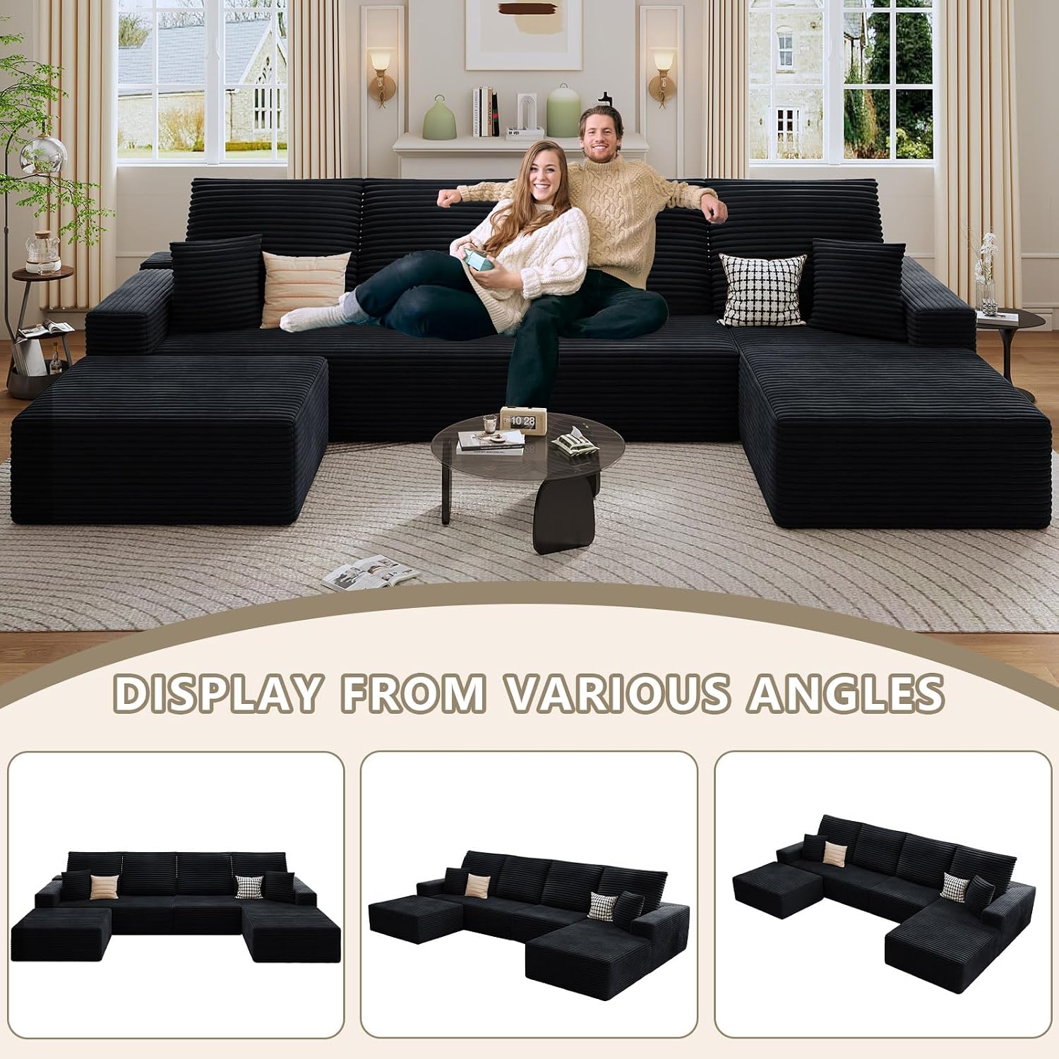 135' Cloud Sectional Couch with U-Shaped Chaise, Corduroy Sectional Sofa with Ottoman, Boneless Couch with Deep Seat in a Box for Living Room, No Assembly Required (Black, Right Facing Chaise)