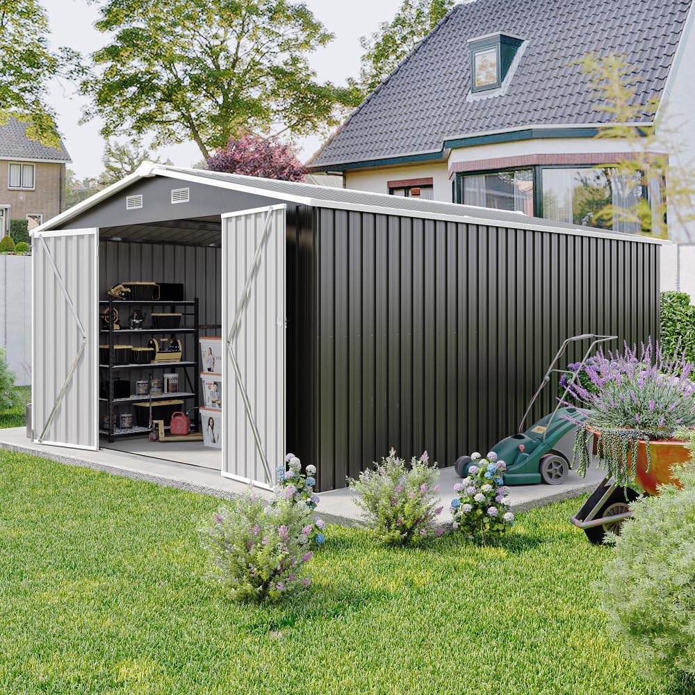 10x14FT Metal Garden Shed - Lockable Outdoor Storage Shed, Heavy-Duty Storage Sheds for Backyard Patio, Sheds & Outdoor Storage (Dark Gray)