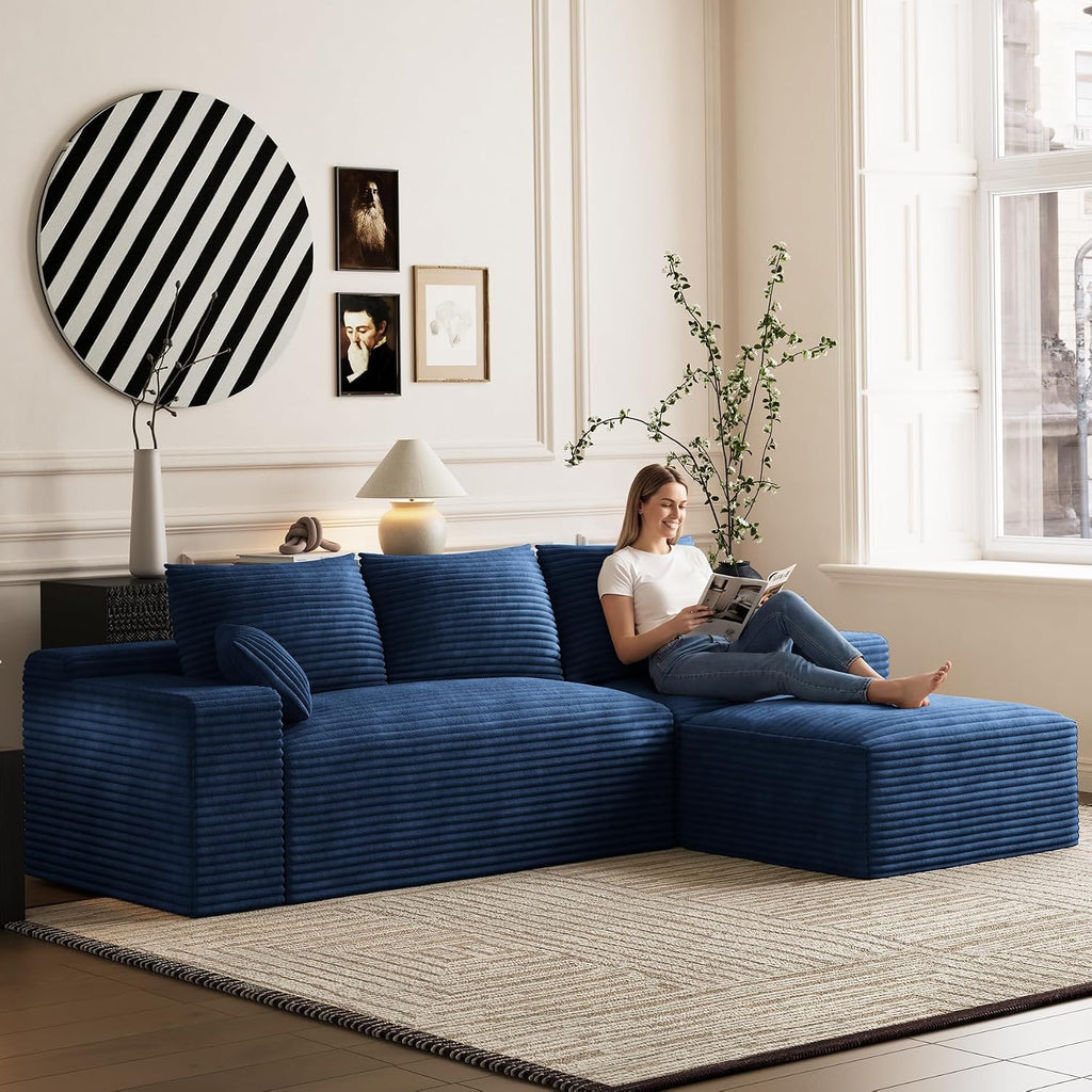 108' Oversized L-Shaped Sectional Couches for Living Room, Comfy Fluffy Corduroy Blue Boneless Cloud Couch with Ottoman, Plush Memory Foam Modular Sectional Sofa for Small Spaces