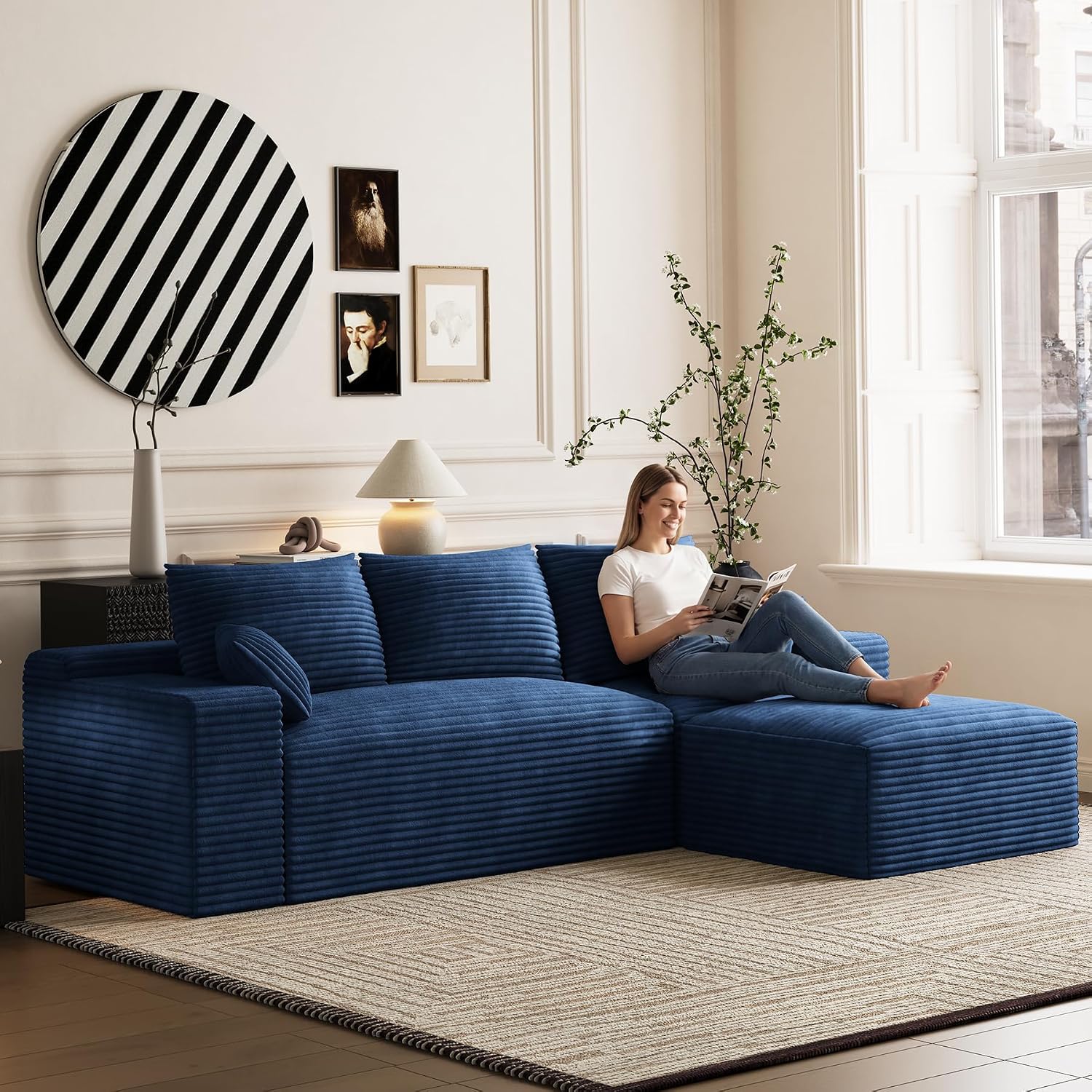 108' Oversized L-Shaped Sectional Couches for Living Room, Comfy Fluffy Corduroy Blue Boneless Cloud Couch with Ottoman, Plush Memory Foam Modular Sectional Sofa for Small Spaces