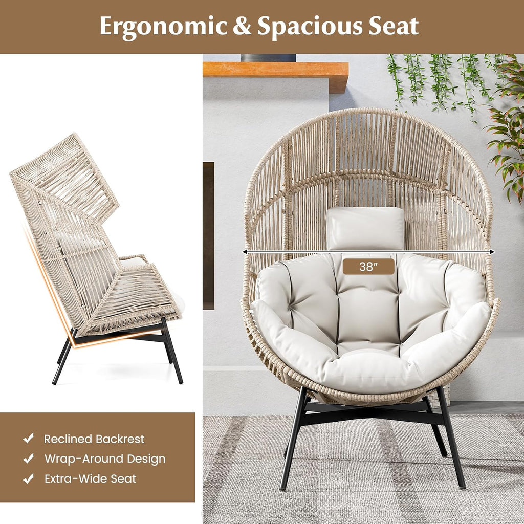 Tangkula Oversized Egg Style Chair, Wicker Stationary Patio Egg Chair w/Cushions & Headrest, Heavy-Duty Metal Frame, Patio Lounge Basket Sofa Chair for Yard, Porch, Living Room (Off White)