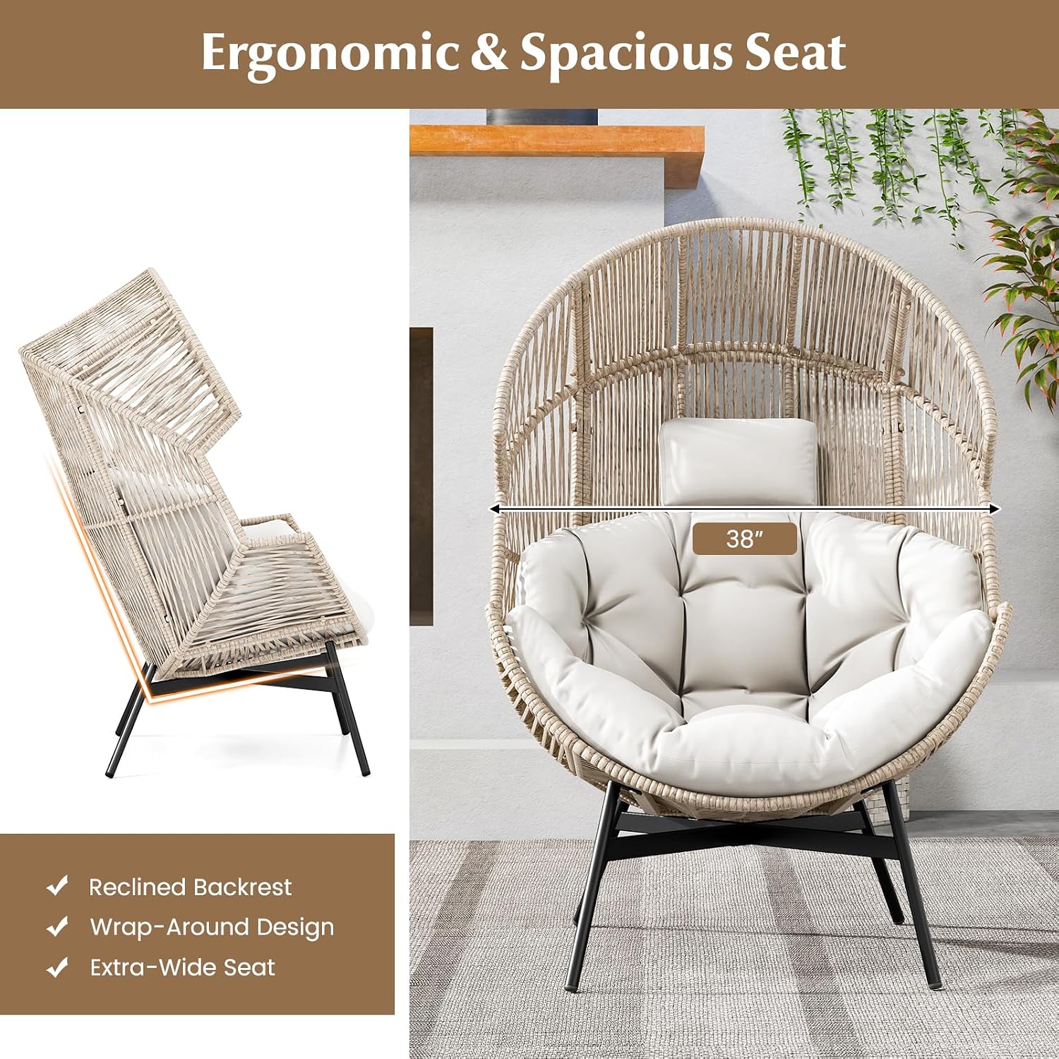 Tangkula Oversized Egg Style Chair, Wicker Stationary Patio Egg Chair w/Cushions & Headrest, Heavy-Duty Metal Frame, Patio Lounge Basket Sofa Chair for Yard, Porch, Living Room (Off White)