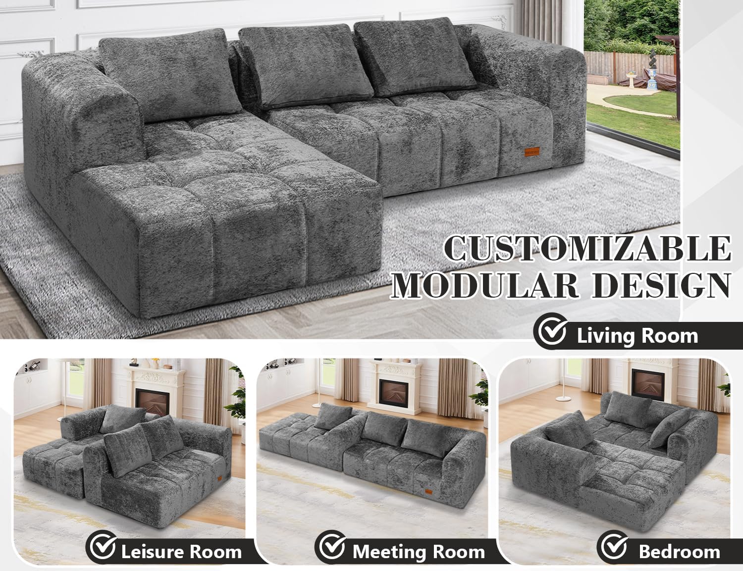 HABUTWAY 103' L-Shaped Modular Sectional Sofa, No Assembly Required Deep Seat Couch with 3 Pillows, Soft Fabric Upholstered, Modern Chaise Lounge for Living Room, Bedroom, Grey