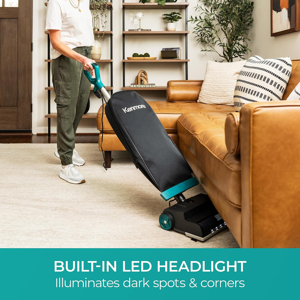 Kenmore BU1001 B200 Series Commercial Grade Vacuum Cleaner Lightweight 14L Capacity Bagged Upright Vac with LED Headlight and 2-Speed Setting Powerful Suction for Pets, Carpets & Hard Floor, Black