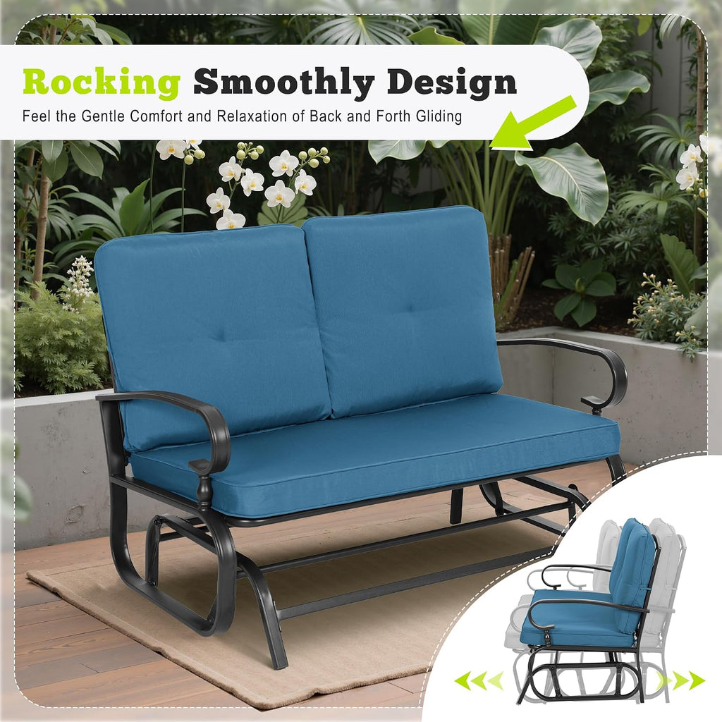 SUNCROWN Outdoor Swing Glider Chair, Patio 2 Seats Loveseat Rocking Chair with Cushions, Steel Frame Furniture - Peacock Blue