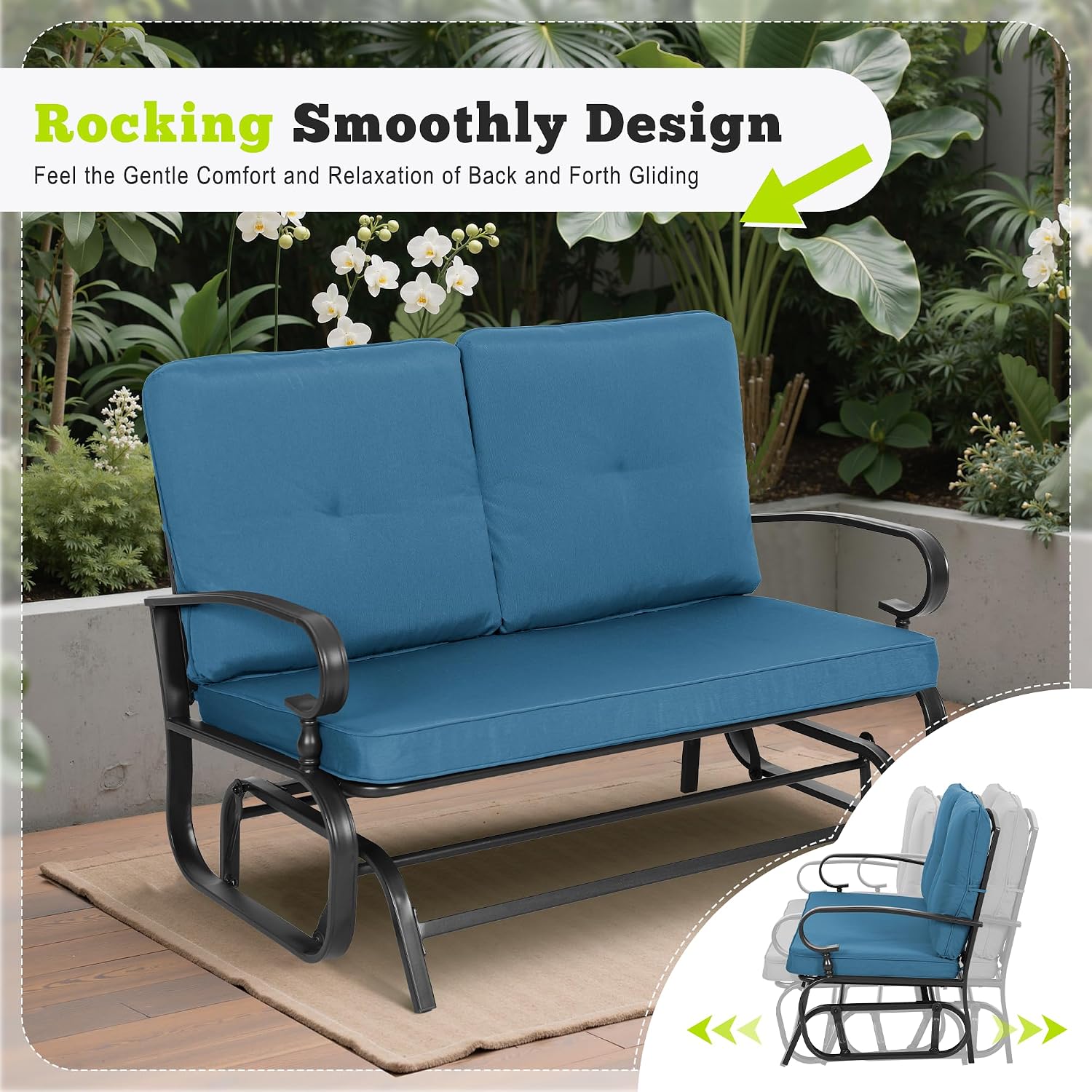 SUNCROWN Outdoor Swing Glider Chair, Patio 2 Seats Loveseat Rocking Chair with Cushions, Steel Frame Furniture - Peacock Blue