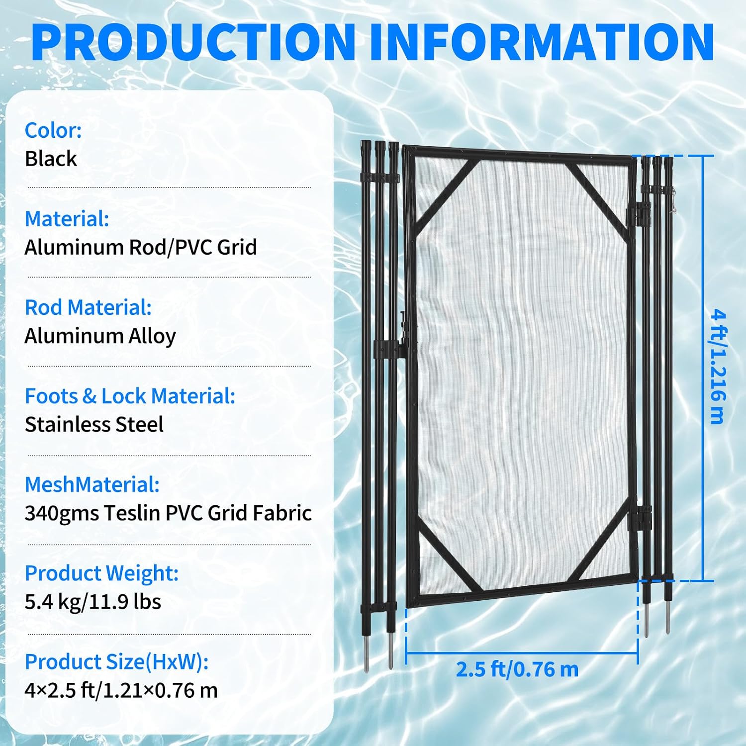 4Ft x 2.5Ft Pool Fence Gate, Heavy Duty Steel Aluminum Frame, Pool Safety Fence Gate Kit with Stainless Steel Latch for Inground/Above Ground Pools, DIY Installation, Black