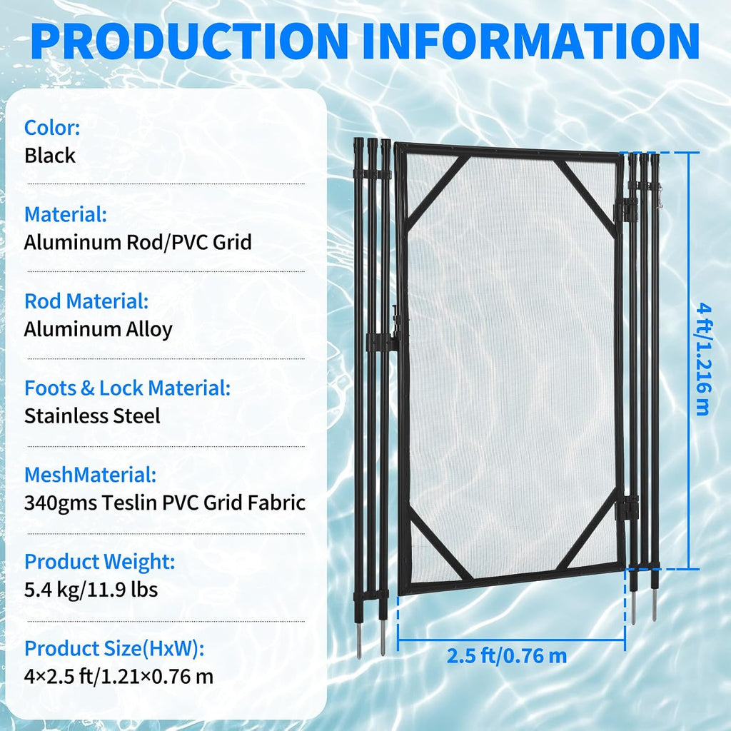 GarveeLife 4 ft x 2.5 ft Pool Fence Gate, Heavy Duty Steel Aluminum Frame, Pool Safety Fence Gate Kit with Stainless Steel Latch for Inground/Above Ground Pools, DIY Installation, Black