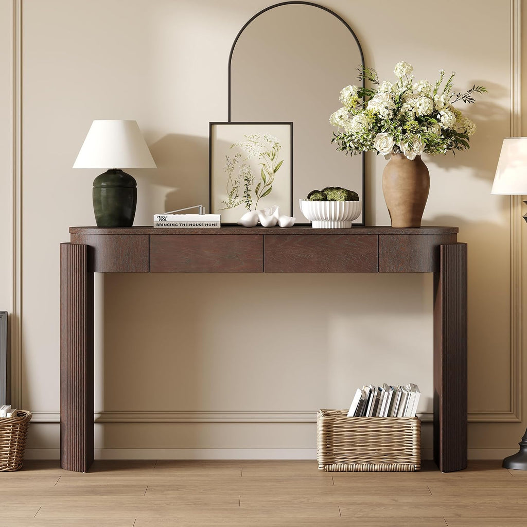 LKTART 55' Sofa Table with Oval Top and 2 Drawers, Entryway Console Table with Fluted Design for Hallway,Foyer,Entry and Living Room (Easy Assembled Espresso)