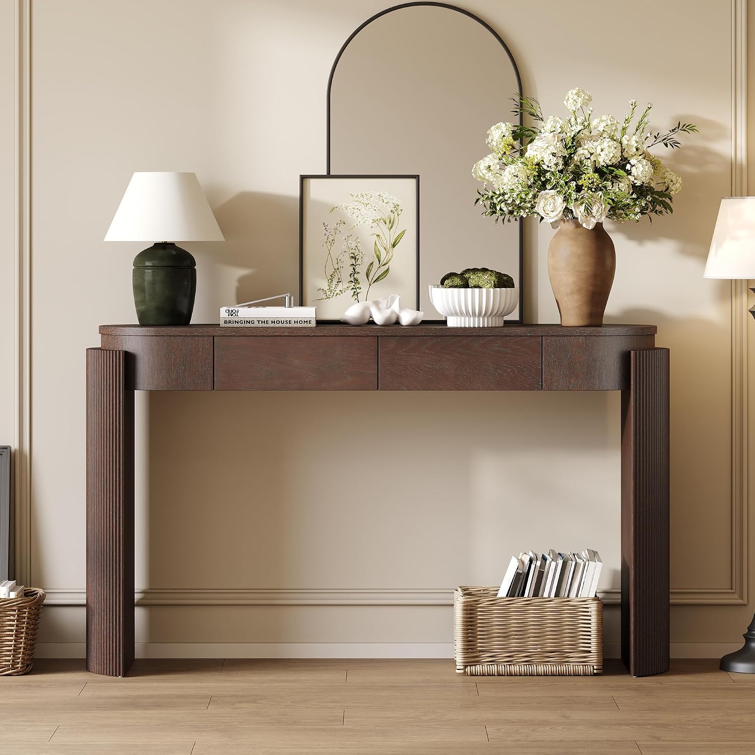 LKTART 55' Sofa Table with Oval Top and 2 Drawers, Entryway Console Table with Fluted Design for Hallway,Foyer,Entry and Living Room (Easy Assembled Espresso)
