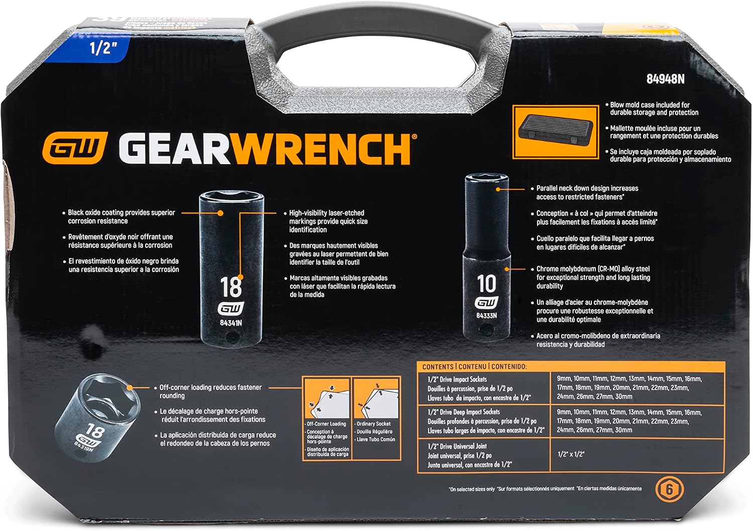 GEARWRENCH 39 Piece 1/2inch Drive 6 Point Impact Socket Set, Standard & Deep, Metric - 84948N