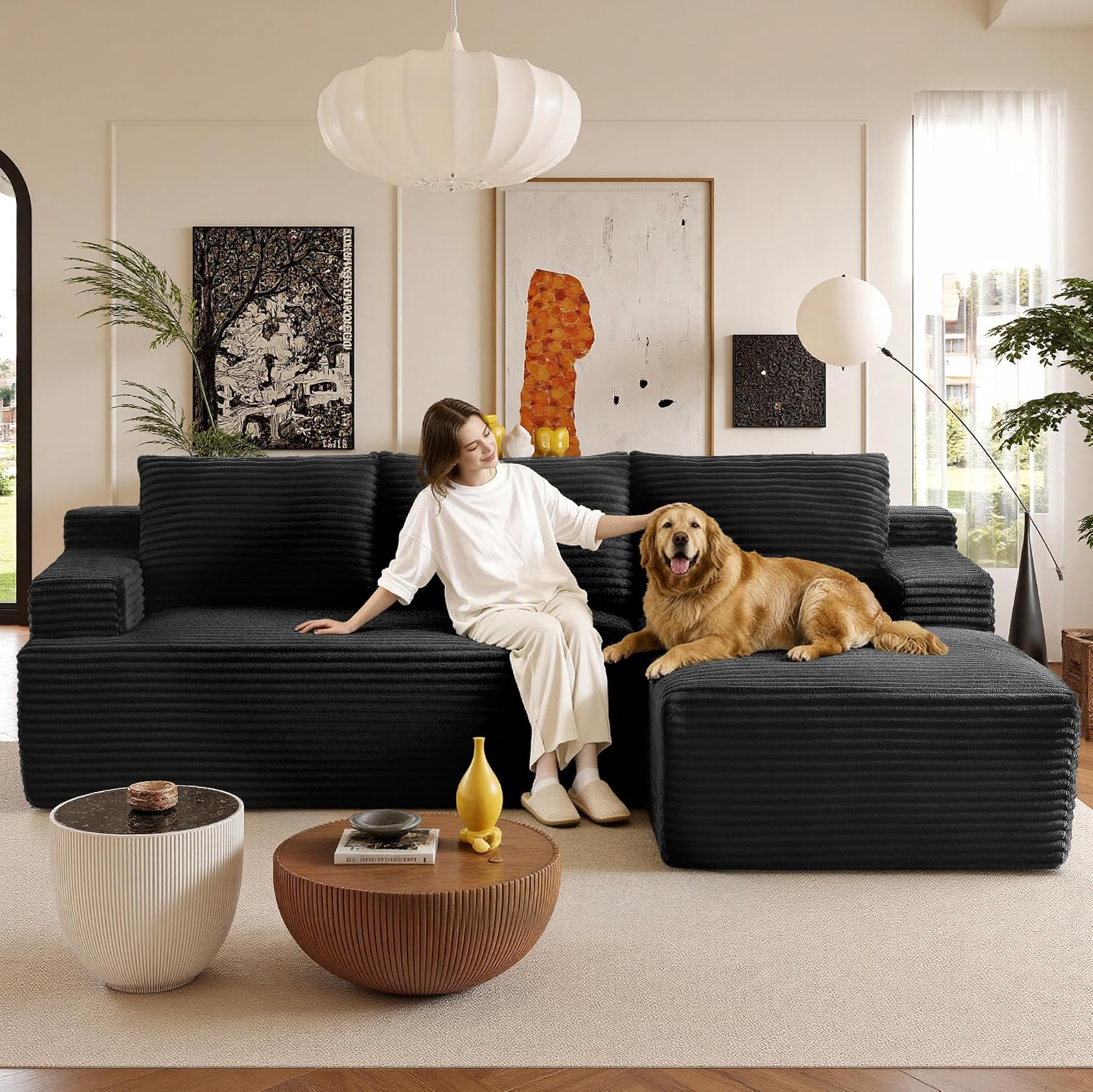 Sectional Couches for Living Room Cloud Couch Sofa with L-Shape Upholstered Boneless Couchs Modern Modular Sectional Couch with Chaise (Black, 96' W+Right Facing Chaise+2Seaters)