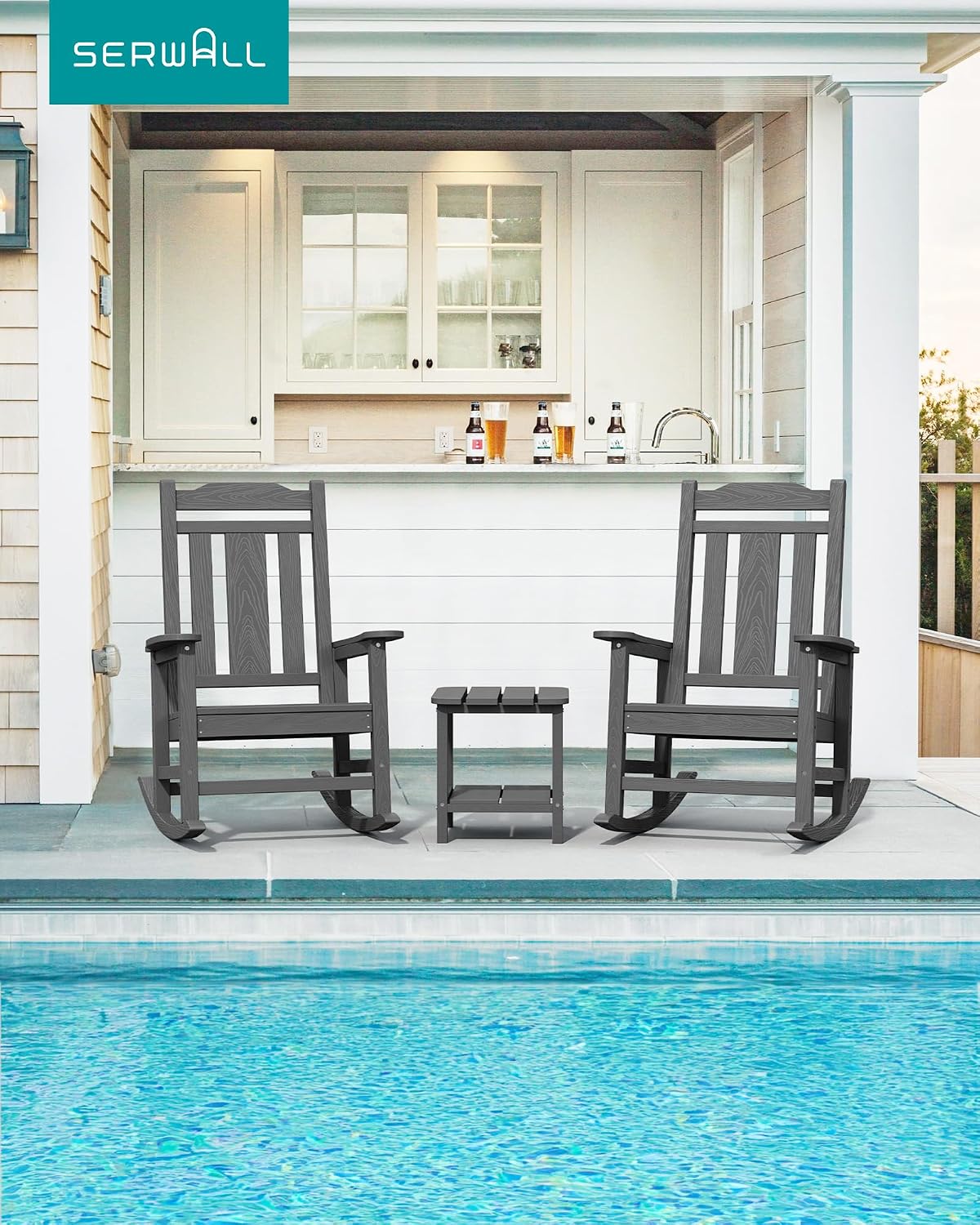 SERWALL HDPE Outdoor Rocking Chair for Adults, Outdoor Rocking Chairs Set of 6, Patio Rocking Chair Sets, Gray