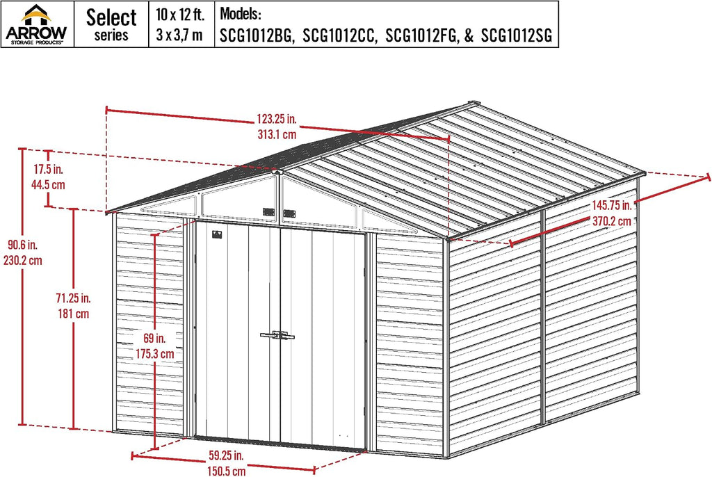Arrow Select 10' x 12' Outdoor Lockable Steel Storage Shed Building, Sage Green