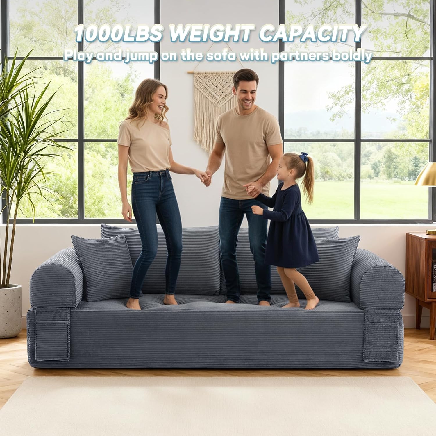 3 Seater Sofa Couch for Living Room (Grey, 38' D + 4 Pillows)