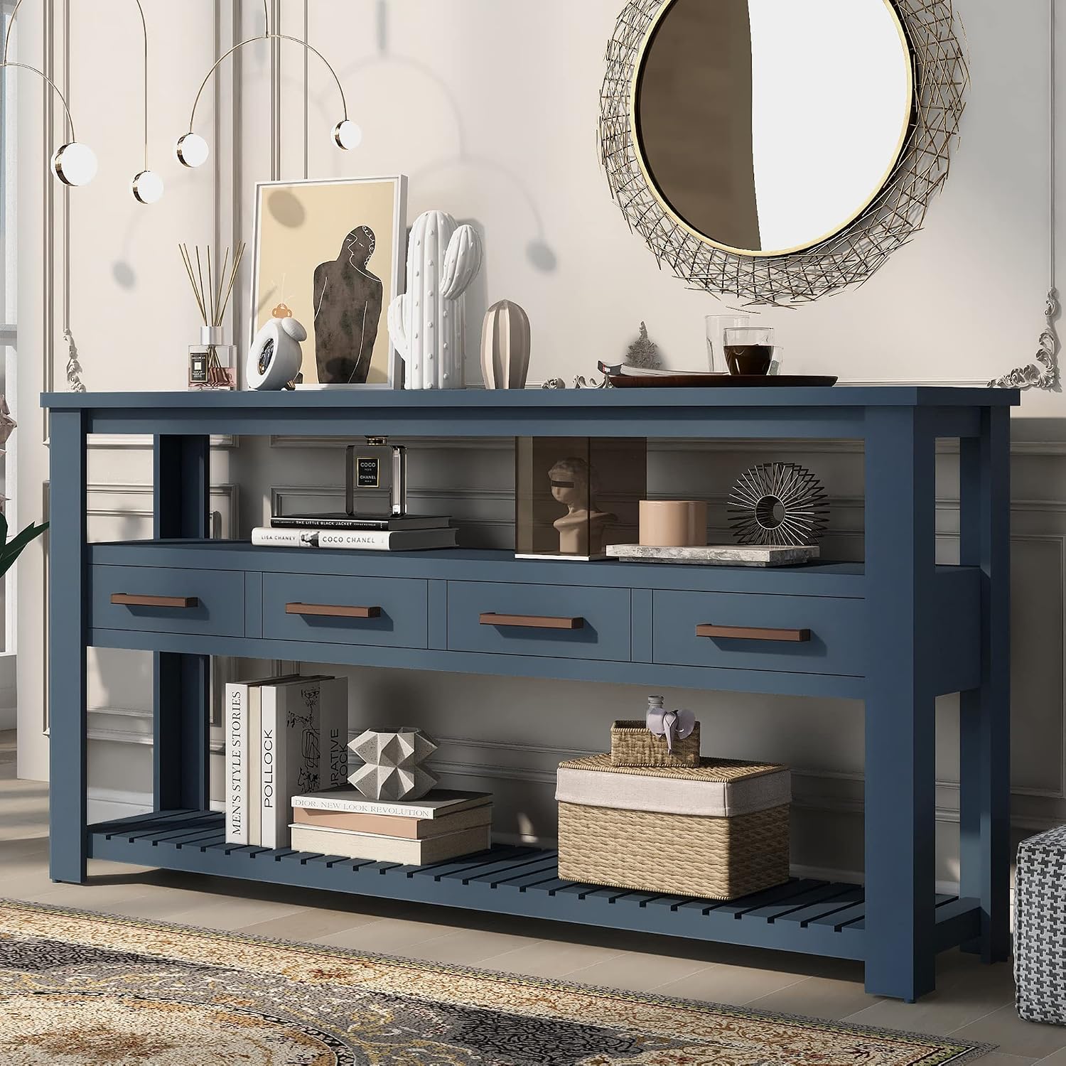 Modern Console Table Long Narrow 62-Inch Sofa Entry Table with Drawers & Open Shelves for Living Room Entryway, Easy Assembly (Navy Blue)