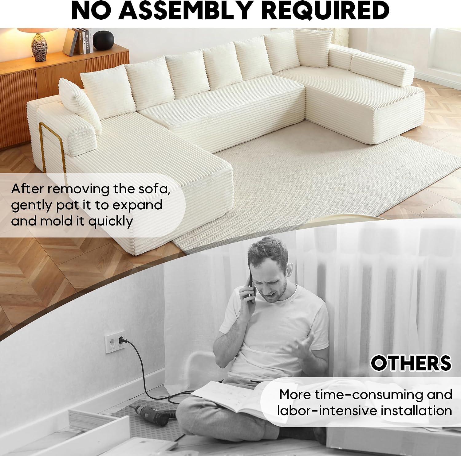 Oversized Cloud Boneless Couch with Chaise, 145' Modern U Shape Modular Deep Seat Sectional Sofa, Comfy Corduroy Upholstered Couches for Living Room, No Assembly Required, Beige White