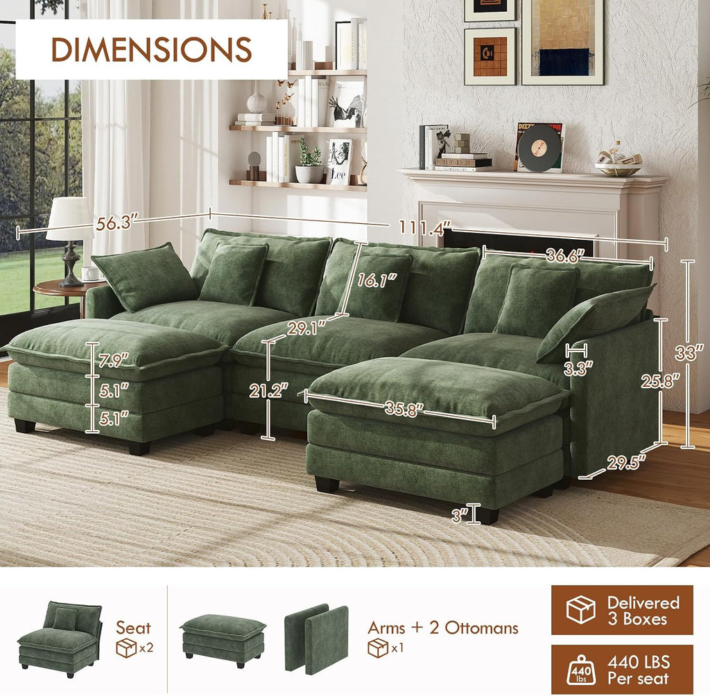 WorthFurni 111.4' Modular Sectional Sofa, U Shape Cloud Couch with 2 Movable Ottoman, Comfy Chenille Deep Seat Sofa with Soft Pillows for Living Room Apartment (Green)