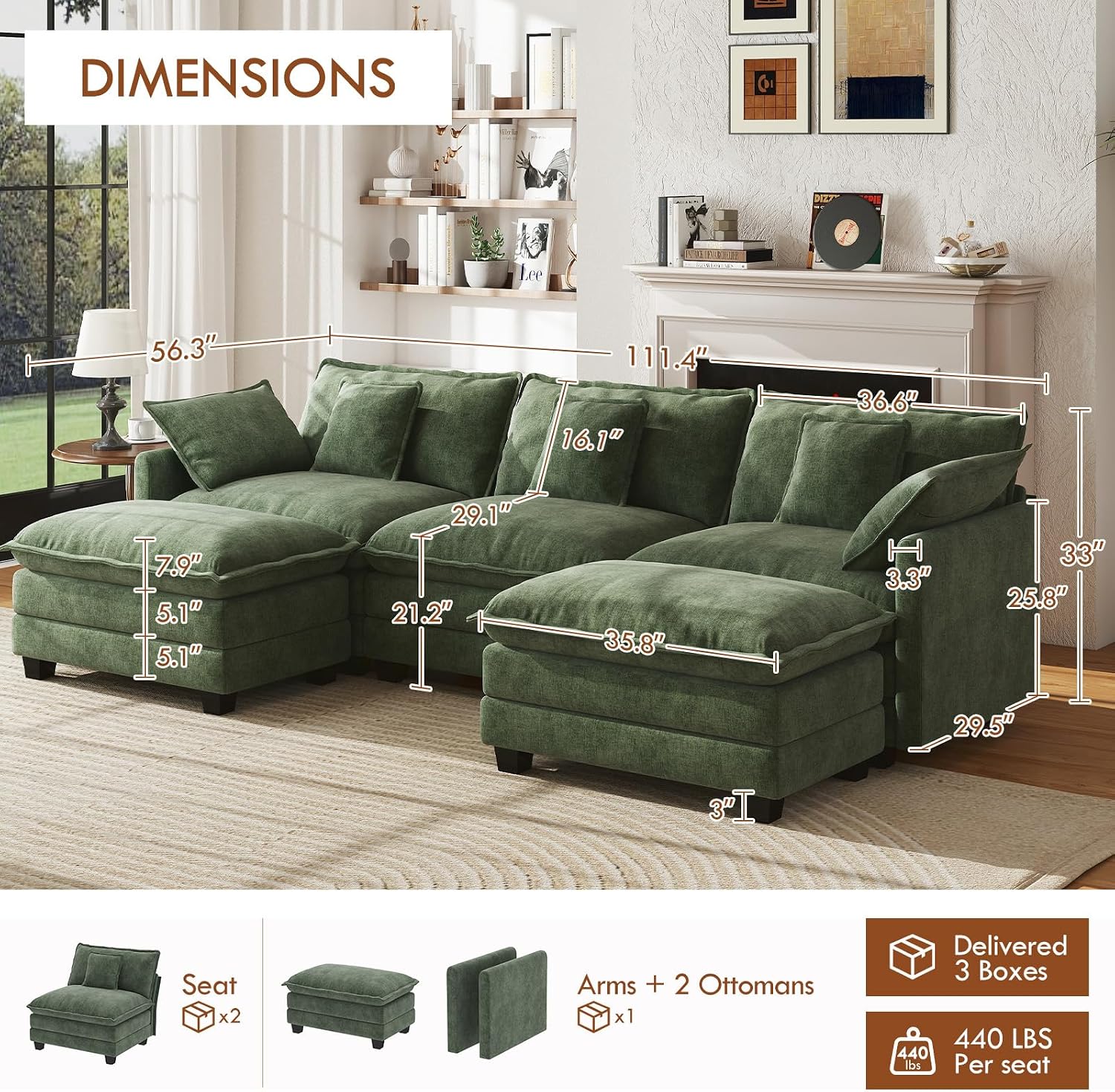 WorthFurni 111.4' Modular Sectional Sofa, U Shape Cloud Couch with 2 Movable Ottoman, Comfy Chenille Deep Seat Sofa with Soft Pillows for Living Room Apartment (Green)
