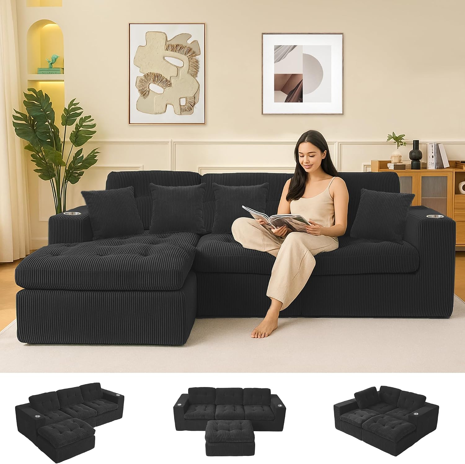 Black L Shaped Modular Cloud Sectional Sofa, Comfy 3 Seater Sectional Couches for Living Room with Cup Holders, Modern L Shape Sofa Set for Living Room Bedroom, Black