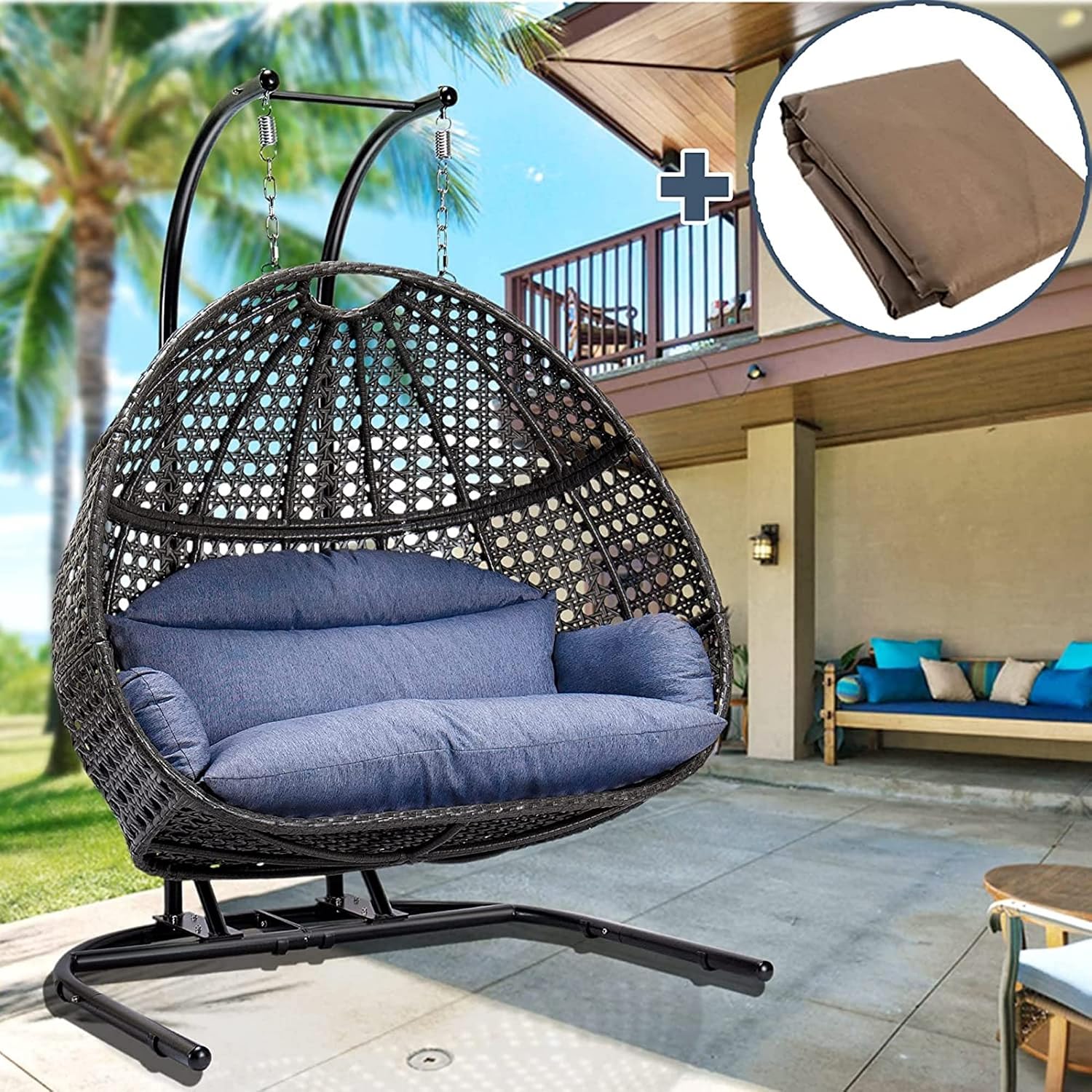 Qwork 2-Person Hanging Egg Chair with Stand, Wicker Rattan Hanging Swing Chair, Hammock Swing Chair UV Resistant Cushion with Stand for Indoor Bedroom Outdoor Garden Backyard
