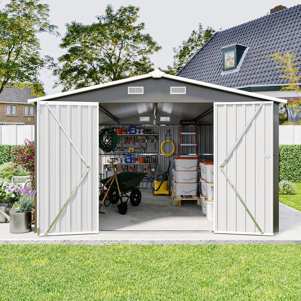 10x14FT Metal Garden Shed - Lockable Outdoor Storage Shed, Heavy-Duty Storage Sheds for Backyard Patio, Sheds & Outdoor Storage (Dark Gray)