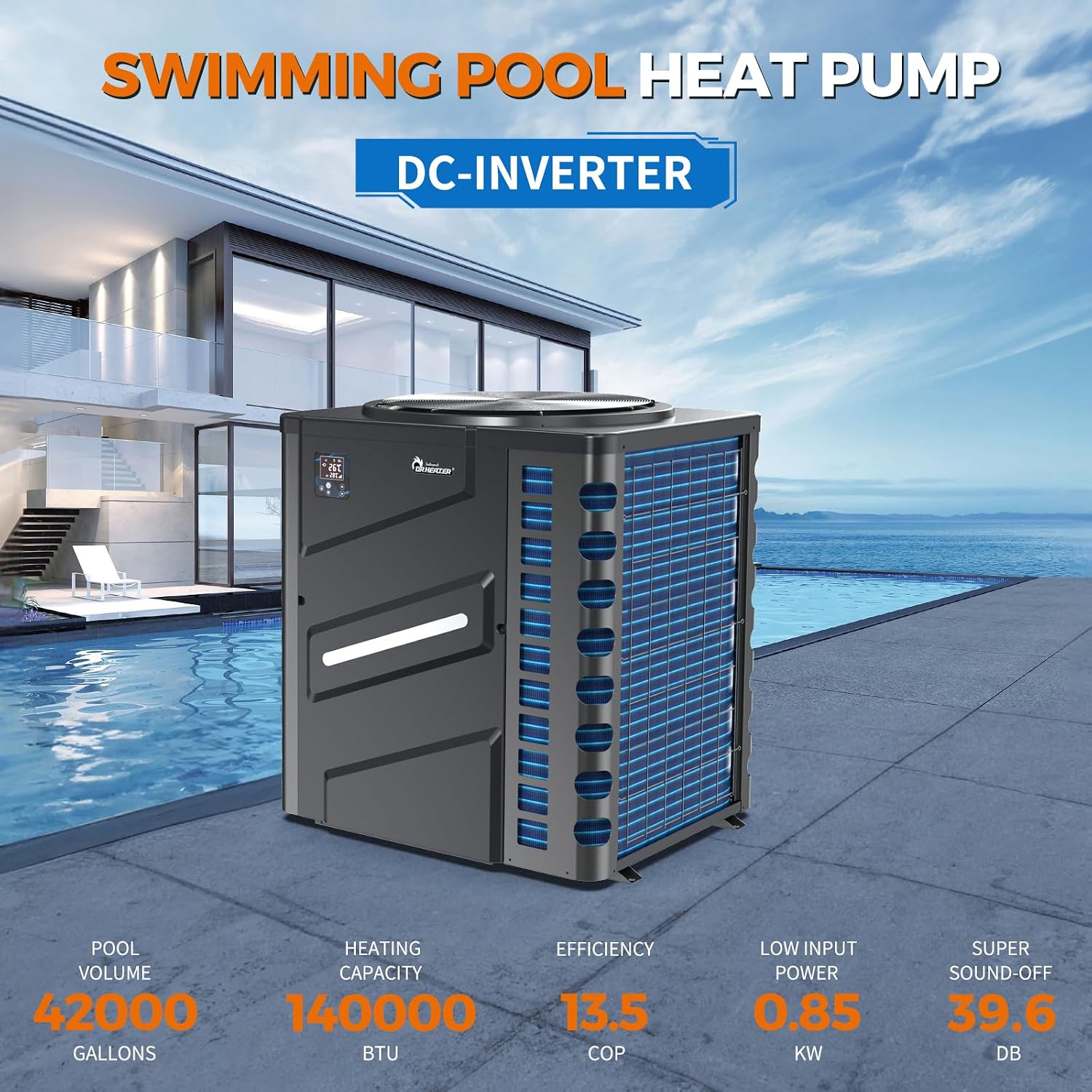 DR. Infrared Heater DR-1400HP Full DC Inverter 140,000 BTU Heat Pump In-Ground and Above-Ground Swimming Pools, WiFi Smart Control via APP, Black
