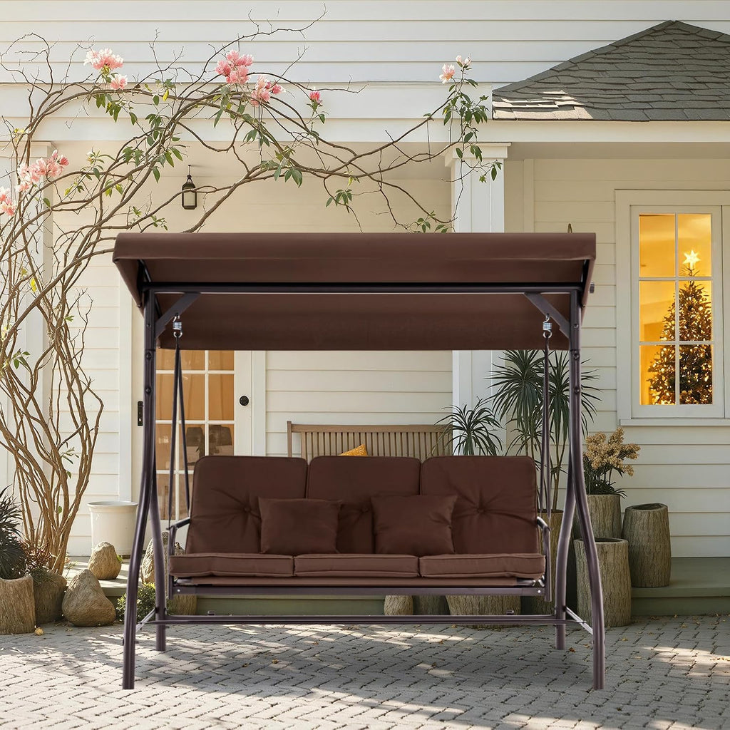 MCombo 3-Seat Outdoor Patio Swing Chair, 2-in-1 Convertible Porch Swing Glider Chair with Removable Cushions, Adjustable Canopy & Pillows for Backyard, Deck, Garden, 4068 (Brown)