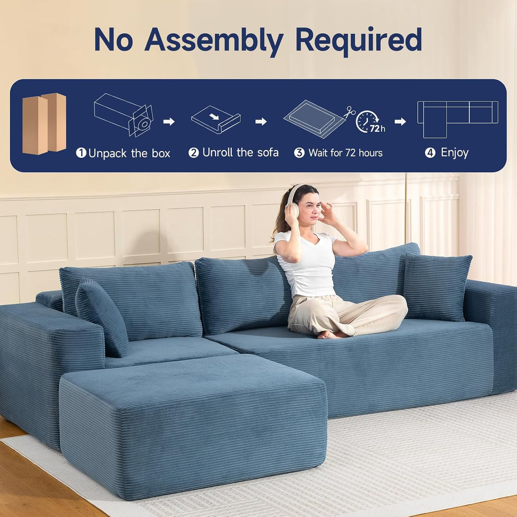Brage Living 2025 New 108' Cloud Couch Sectional, Comfy Boneless Modular Sectional Sofa with L-Shaped Chaise, Deep Seat Couch for Living Room, No Assembly Required (Blue, Chaise Ottoman)