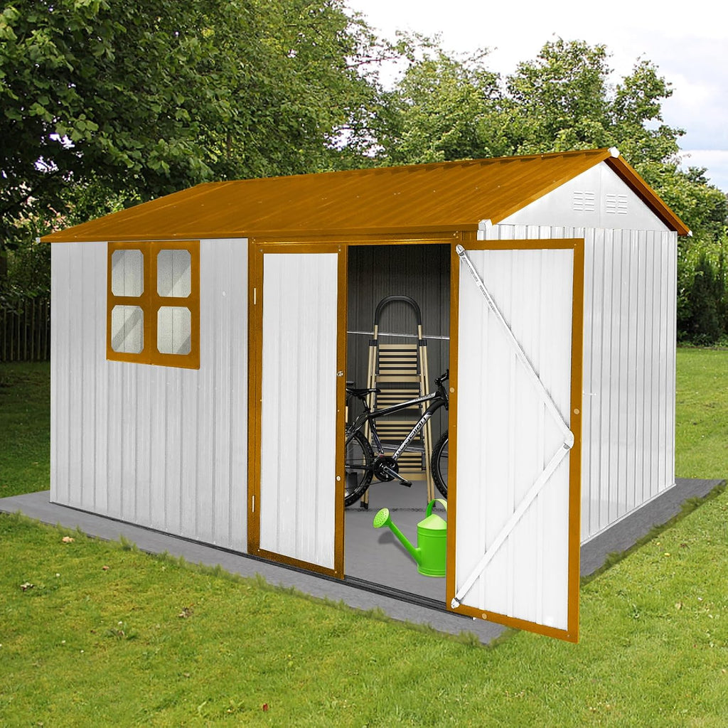 10x8 ft Outdoor Metal Storage Shed with Window, Aluminum Frame and Galvanized Steel Plate Tool Shed with Lockable Door, Air Vent, Waterproof Garden Storage House for Backyard (Yellow/White)