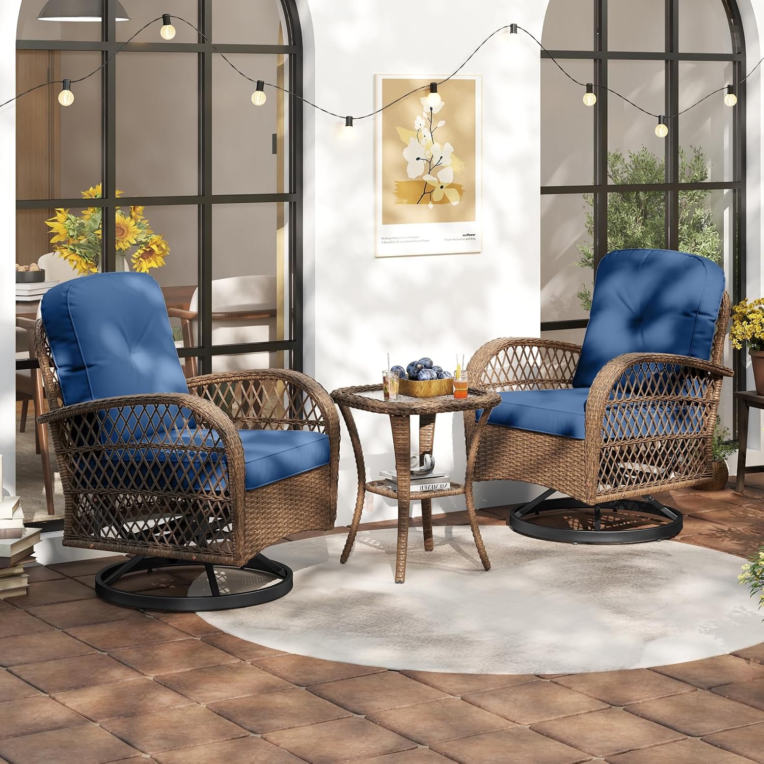ORALNER 3 Pieces Wicker 360° Swivel Rocker Set Patio Furniture, Rocking Chairs with Cushions, Tempered Glass Coffee Table, Outdoor Rattan Bistro Set for Balcony Front Porch Deck Poolside (Navy)