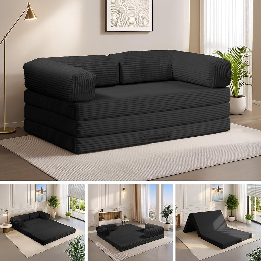 5-in-1 Convertible Sofa Bed,60' Boneless Couch Tri Folding Floor Mattress with Removable L-Shaped Armrests & Handle,Corduroy Futon Couch Sleeper with Pull Out Bed for Living Room Bedroom Apartment