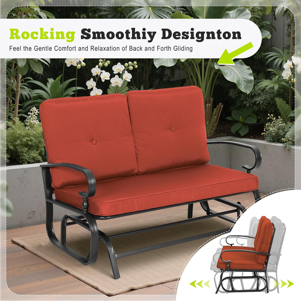 SUNCROWN Outdoor Swing Glider Chair, Patio 2 Seats Loveseat Rocking Chair with Cushions, Steel Frame Furniture-Red