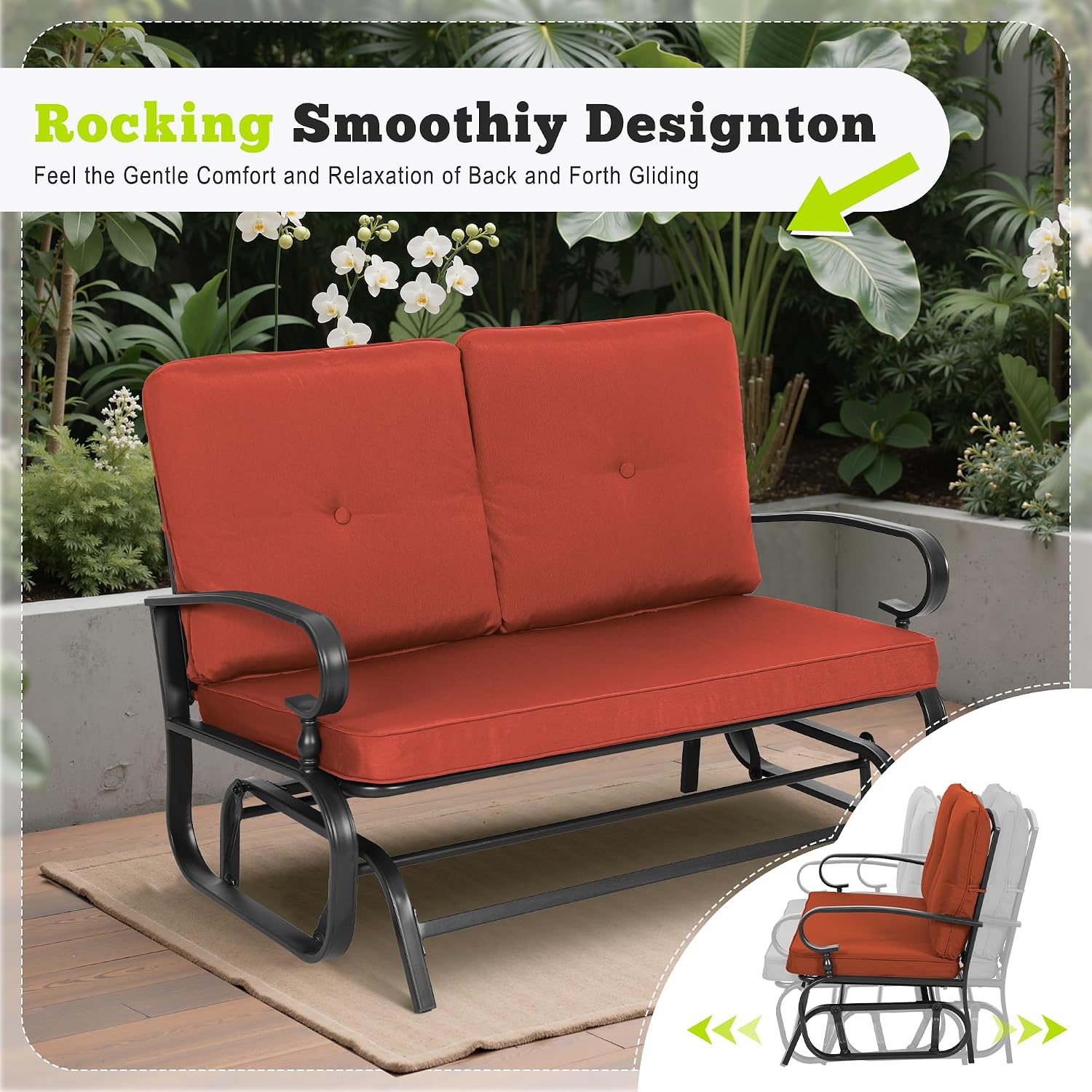 SUNCROWN Outdoor Swing Glider Chair, Patio 2 Seats Loveseat Rocking Chair with Cushions, Steel Frame Furniture-Red