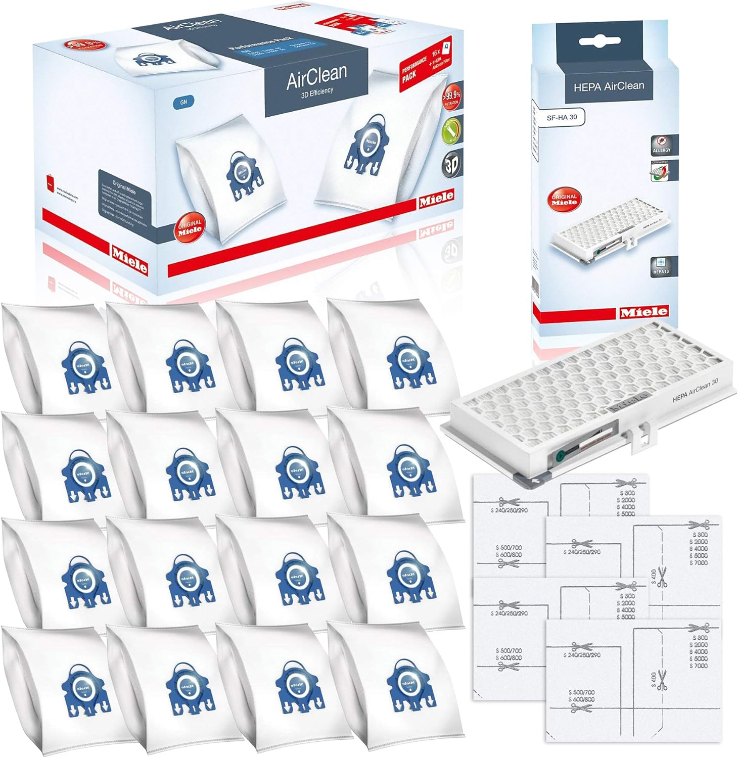 Miele Performance Pack 16 Type GN AirClean 3D Efficiency Genuine FilterBags + Genuine AH30 HEPA Filter + 4 Genuine Pre-Motor Protection Filters