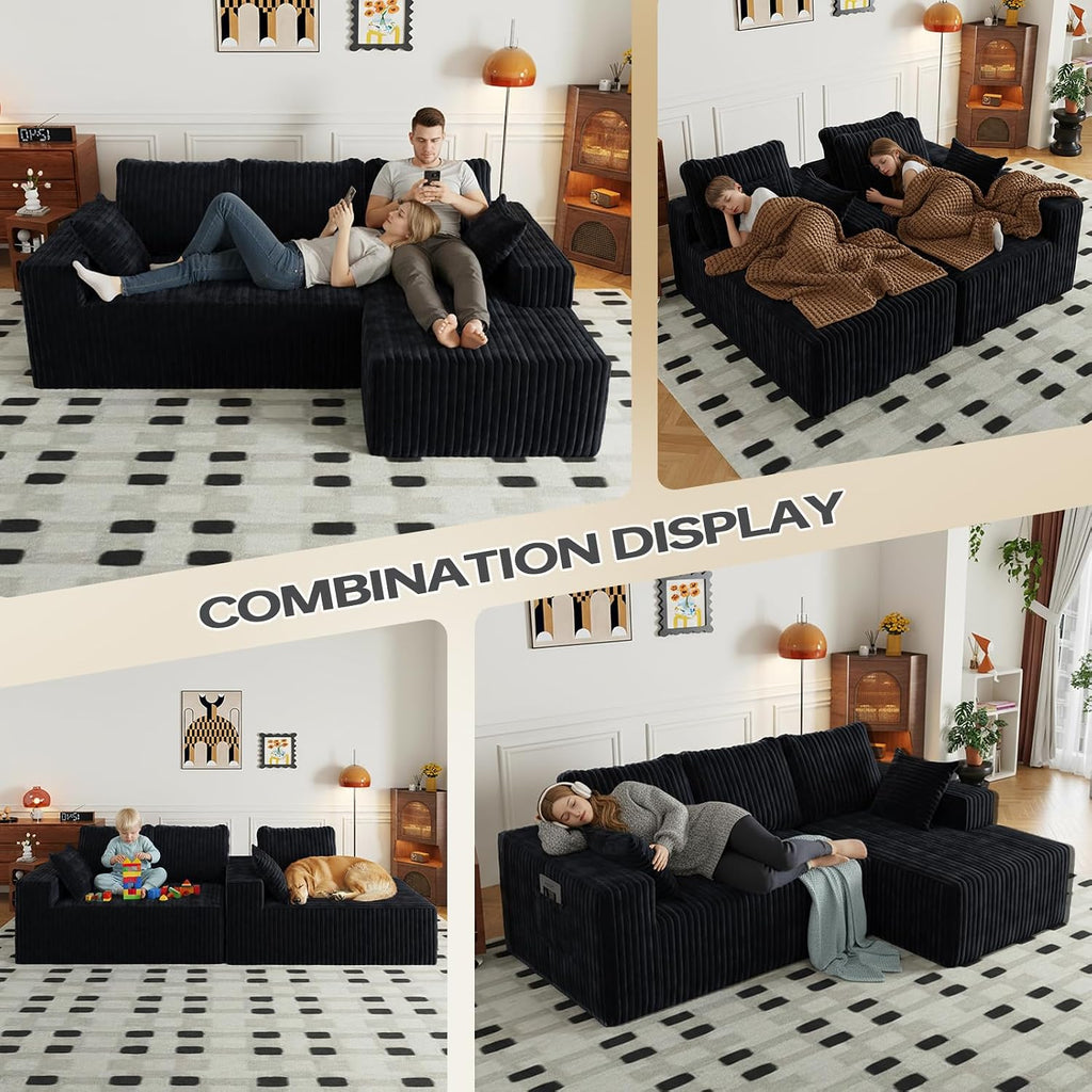 96' Modular Sectional Cloud Couch for Living Room Deep Seat L Shapes Boneless Couch with Oversized Chaise Lounge, Comfy Memory Foam Flannel Fabric Sofa for Bedroom Apartment, No Assembly Required