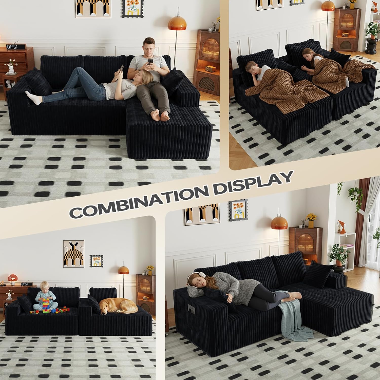 96' Modular Sectional Cloud Couch for Living Room Deep Seat L Shapes Boneless Couch with Oversized Chaise Lounge, Comfy Memory Foam Flannel Fabric Sofa for Bedroom Apartment, No Assembly Required
