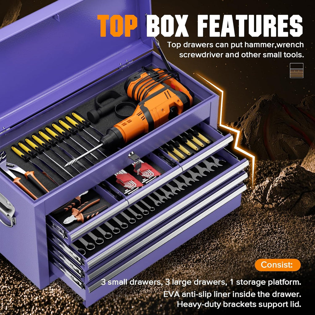 Crownland 8-Drawer Rolling Tool Chest with Wheels, Lockable 2 in 1 Detachable Tool Cabinet wit Drawers and Side Hooks, Garage Top Toolbox & Bottom Storage Cart(Purple)