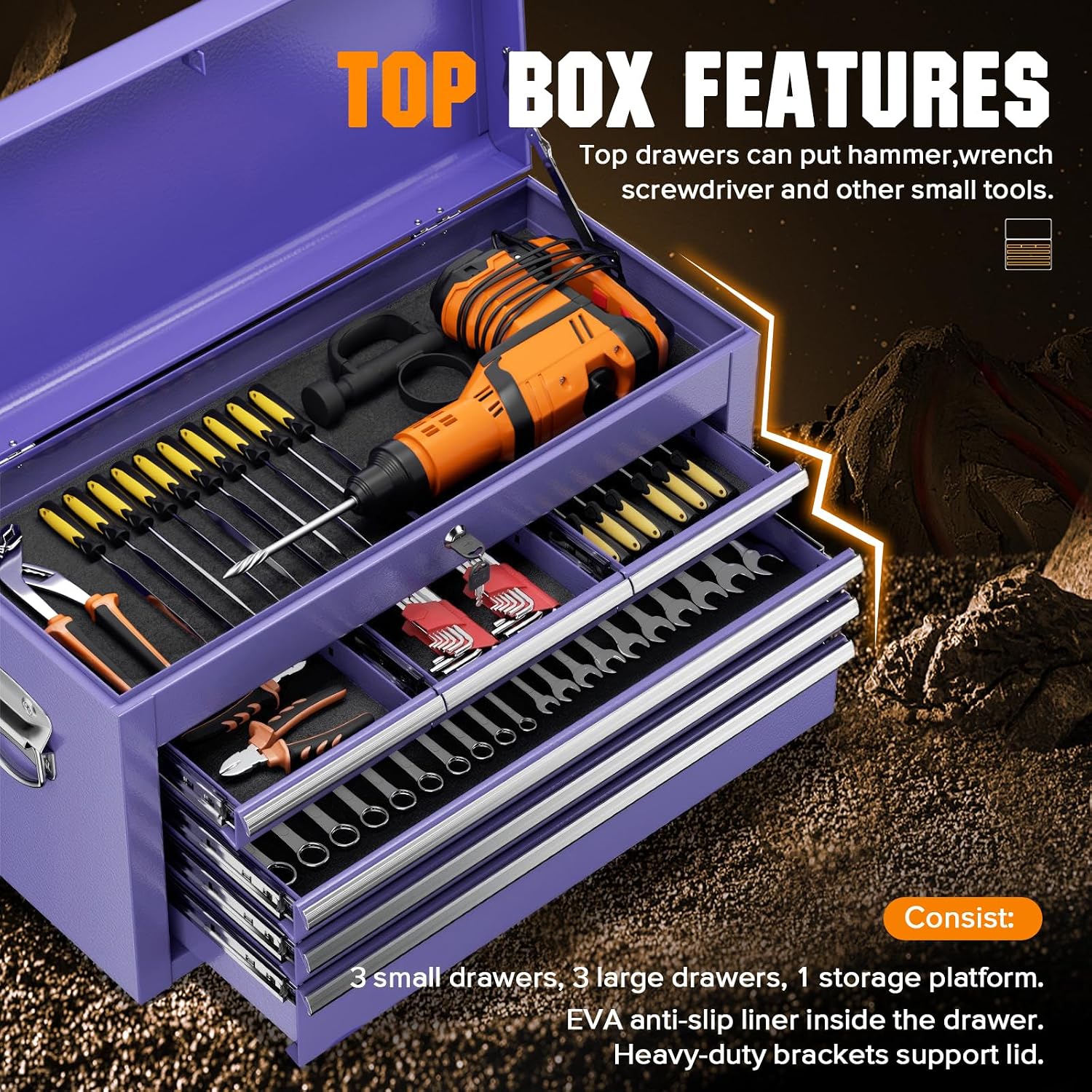 Crownland 8-Drawer Rolling Tool Chest with Wheels, Lockable 2 in 1 Detachable Tool Cabinet wit Drawers and Side Hooks, Garage Top Toolbox & Bottom Storage Cart(Purple)