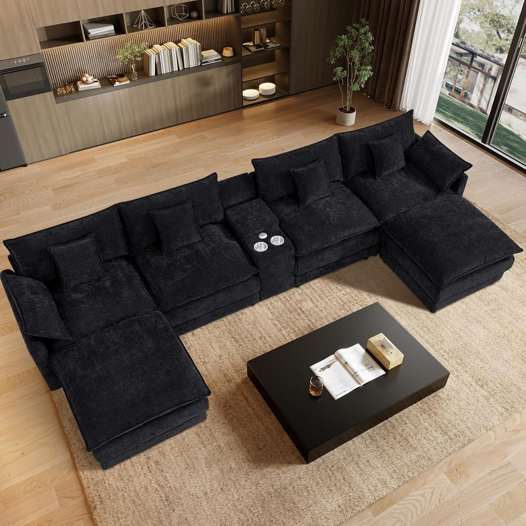 145' Oversized Modular Sectional Sofa U Shaped Cloud Couch Modern 6 Seat Sofa Set for Living Room Comfy Chenille Deep Seat with Storage Central Console, Movable Ottomans, Cup Holders, USB Ports, Black