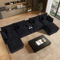 145' Oversized Modular Sectional Sofa U Shaped Cloud Couch Modern 6 Seat Sofa Set for Living Room Comfy Chenille Deep Seat with Storage Central Console, Movable Ottomans, Cup Holders, USB Ports, Black