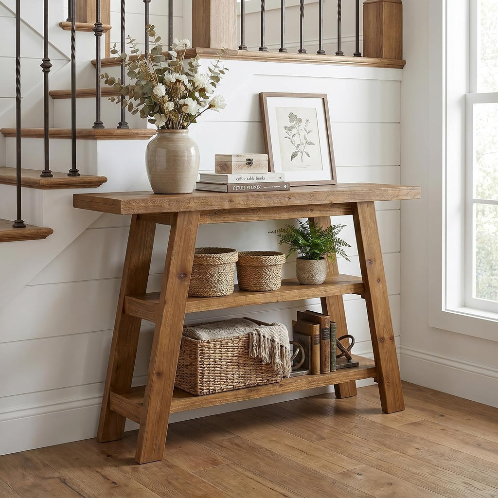 Solid Wood Console Table, 47.24' Farmhouse Narrow Entryway Table with 3-Tier Storage Shelves, Accent Sofa Table for Hallway, Foyer & Living Room (Retro Brown)