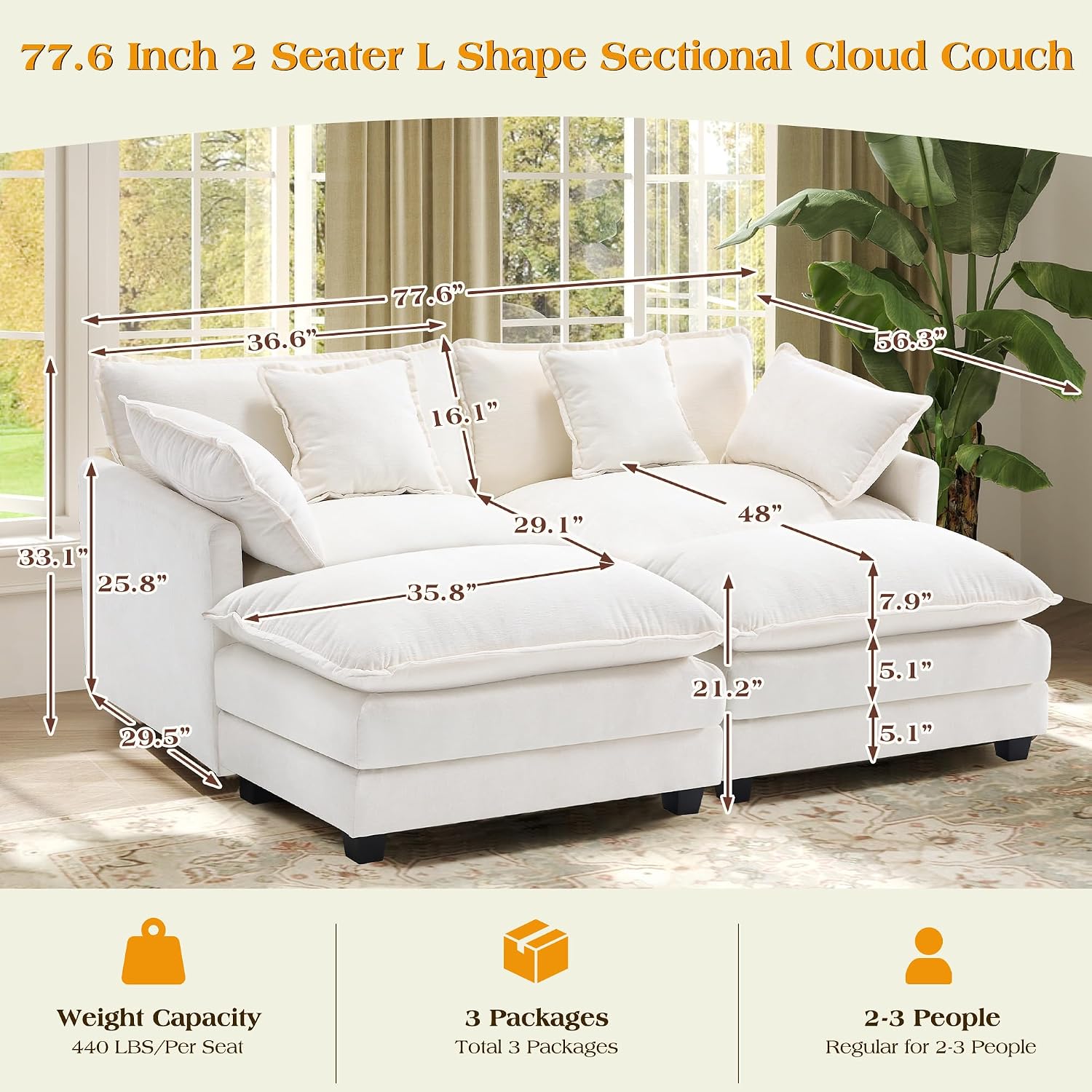 77.6' Modular Sectional Sofa,Loveseat Couch for Living Room, Modern Deep Seat Sofa 2 Seater Chenille Fabric Comfy Cloud Couches with Throw Pillows & Ottoman for Apartment,Small Spaces