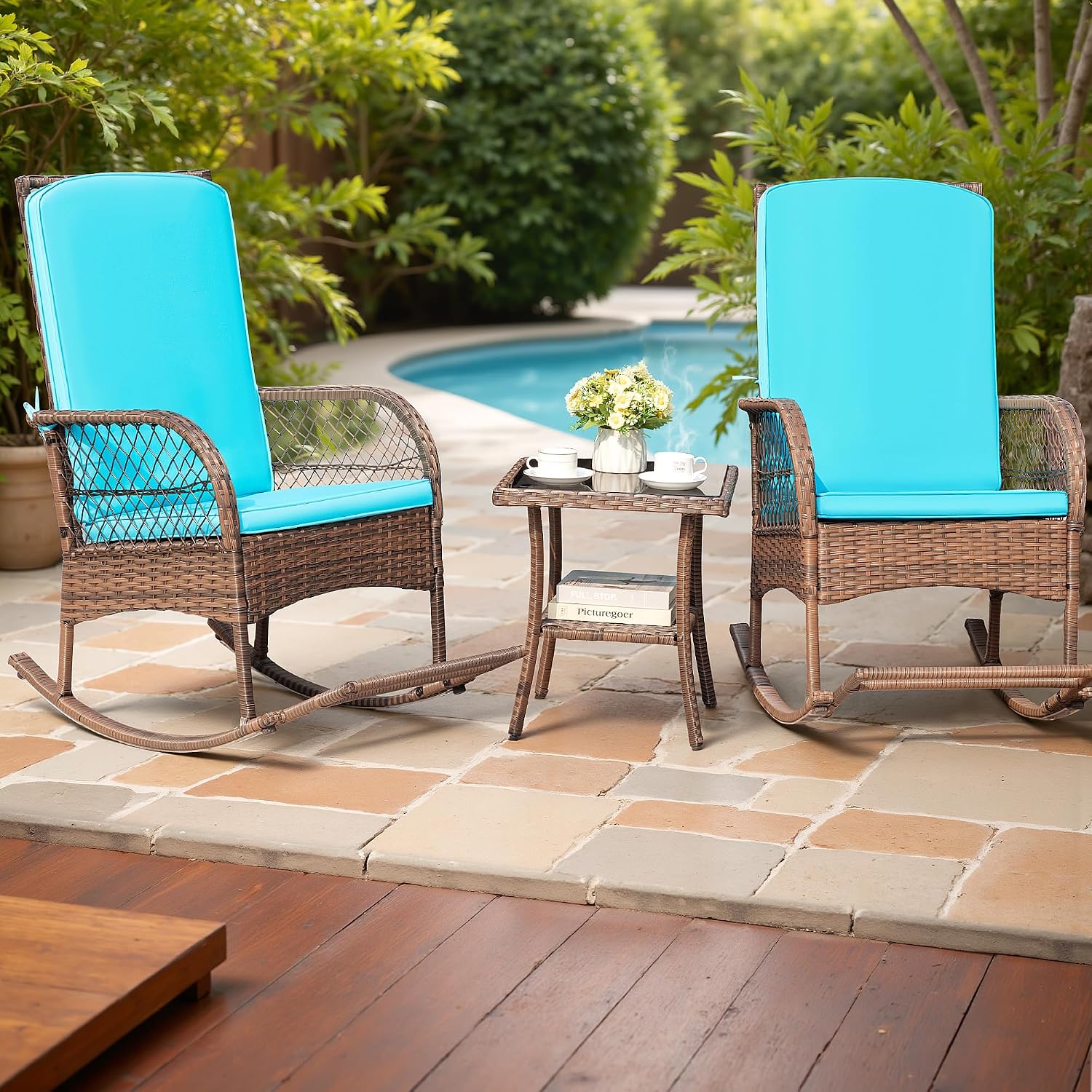 Devoko Outdoor Rocking Chairs 3 Piece Patio Furniture Set with Side Table & Cushions, Wicker Porch Rocker Bistro Set High Back for Balcony, Backyard, Garden (Blue)