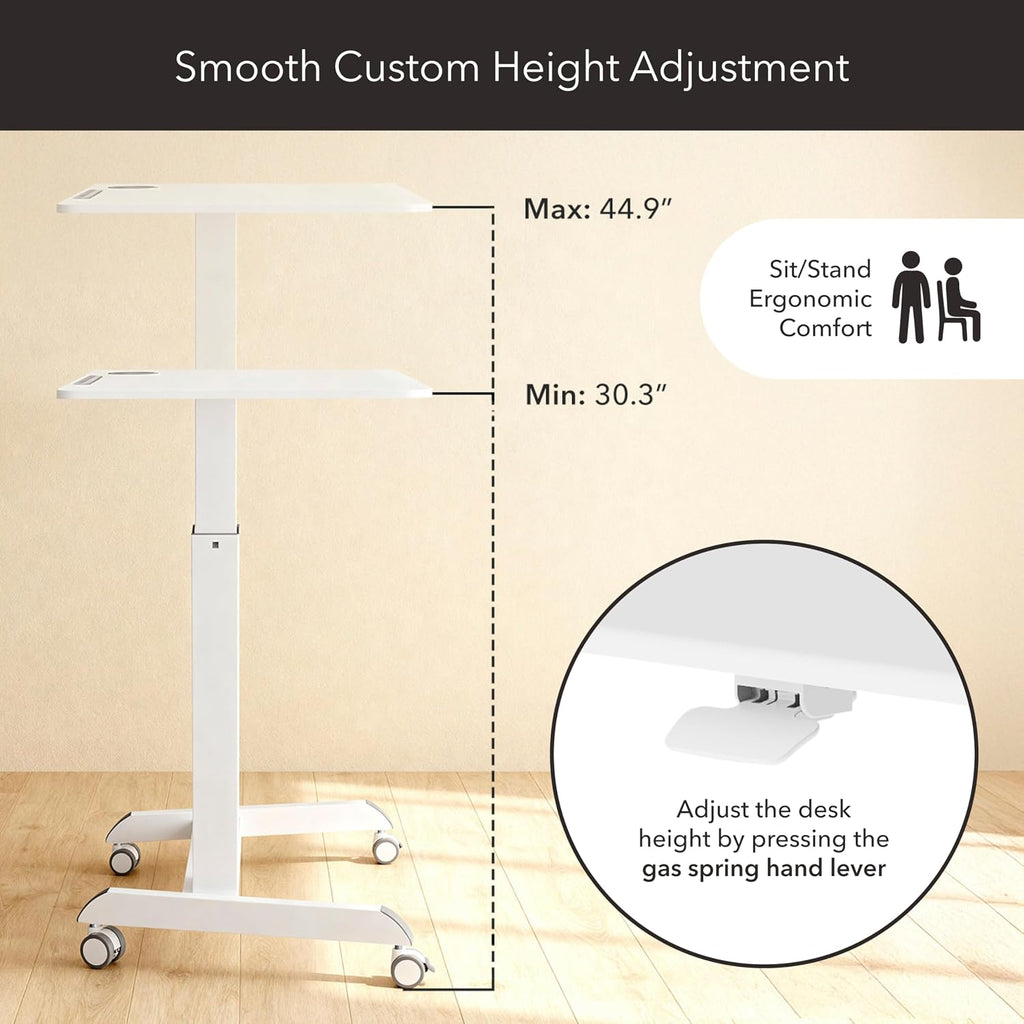 Mount-It! Laptop Cart Rolling Desk Adjustable Height with 28.5' x 22' Tabletop, Ergonomic Sit-Stand Workstation on Wheels Portable for Home Office, Dorm, Classroom, White