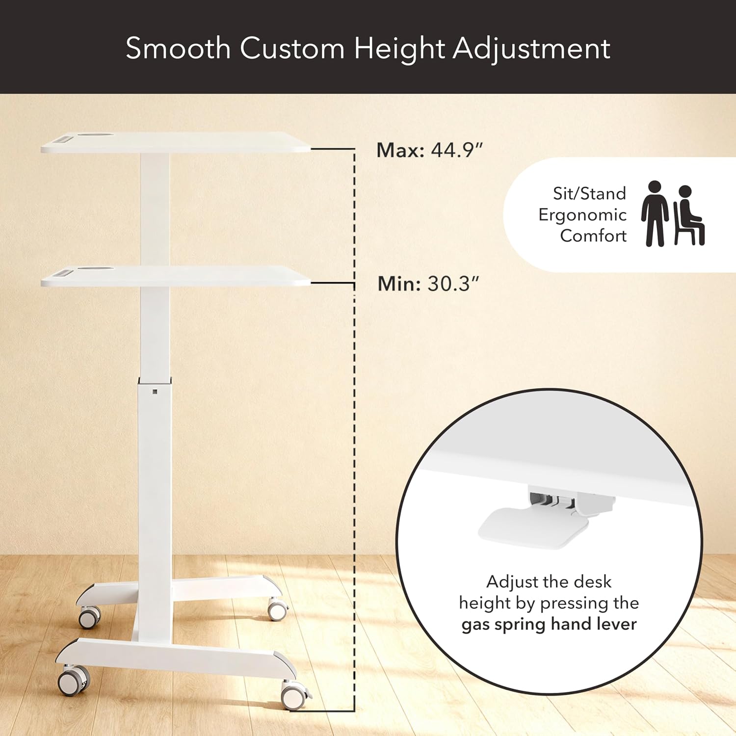 Mount-It! Laptop Cart Rolling Desk Adjustable Height with 28.5' x 22' Tabletop, Ergonomic Sit-Stand Workstation on Wheels Portable for Home Office, Dorm, Classroom, White